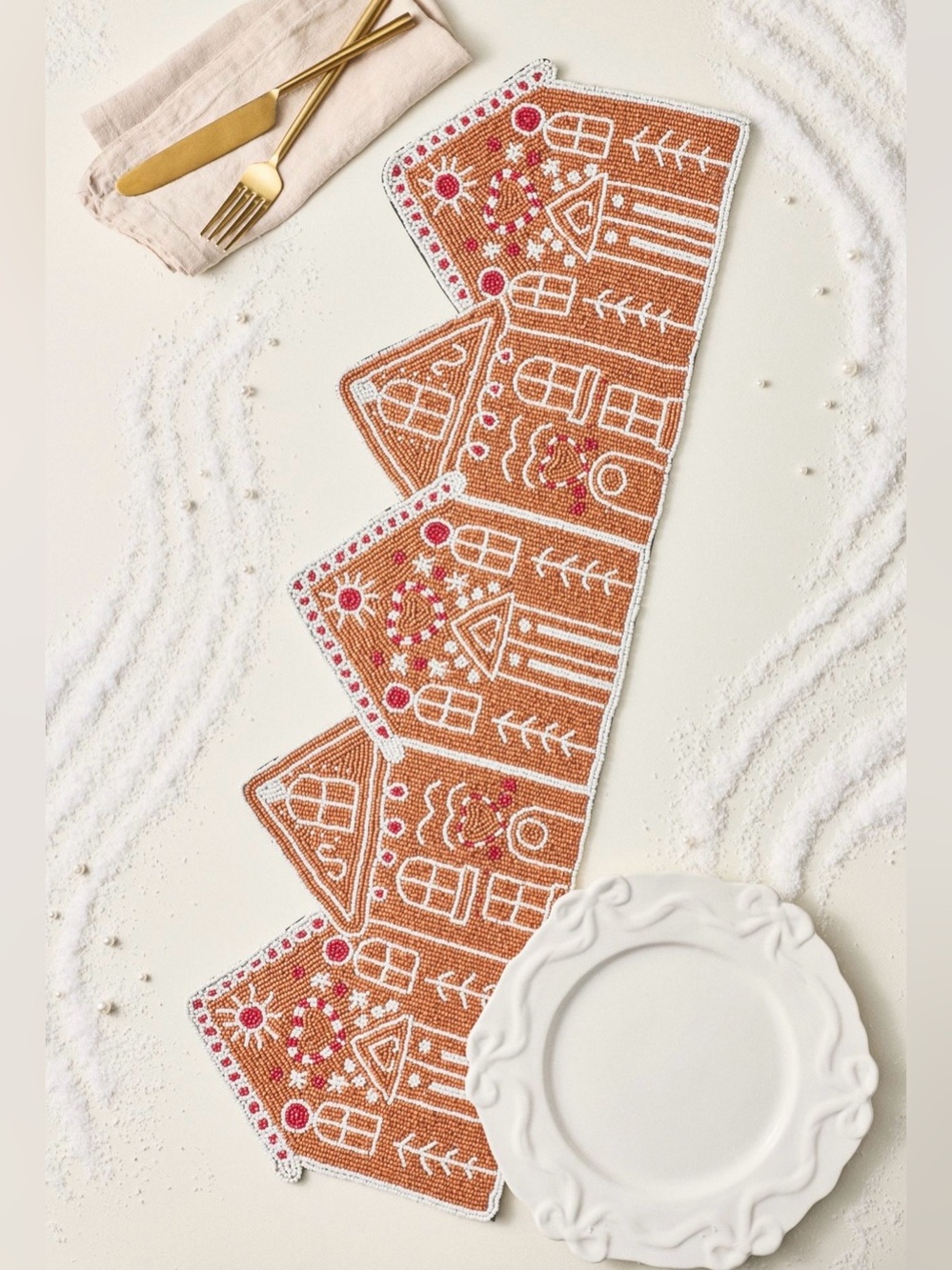 Anthropologie Beaded Gingerbread House Table Runner